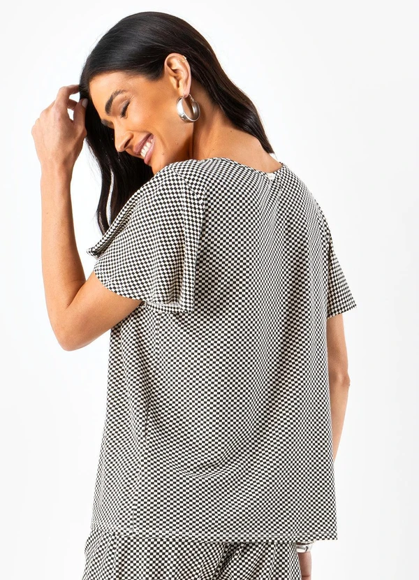 Quintess - Blusa Xadrez P&B em Malha de Viscose 2