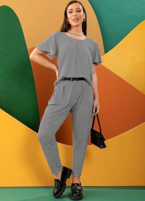 Quintess - Blusa Xadrez P&B em Malha de Viscose 7