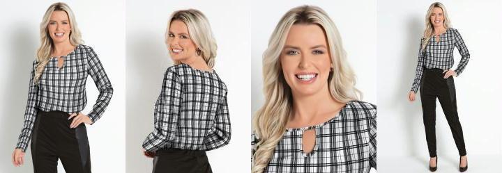 Blusa Xadrez Preto com Gota no Decote Frente