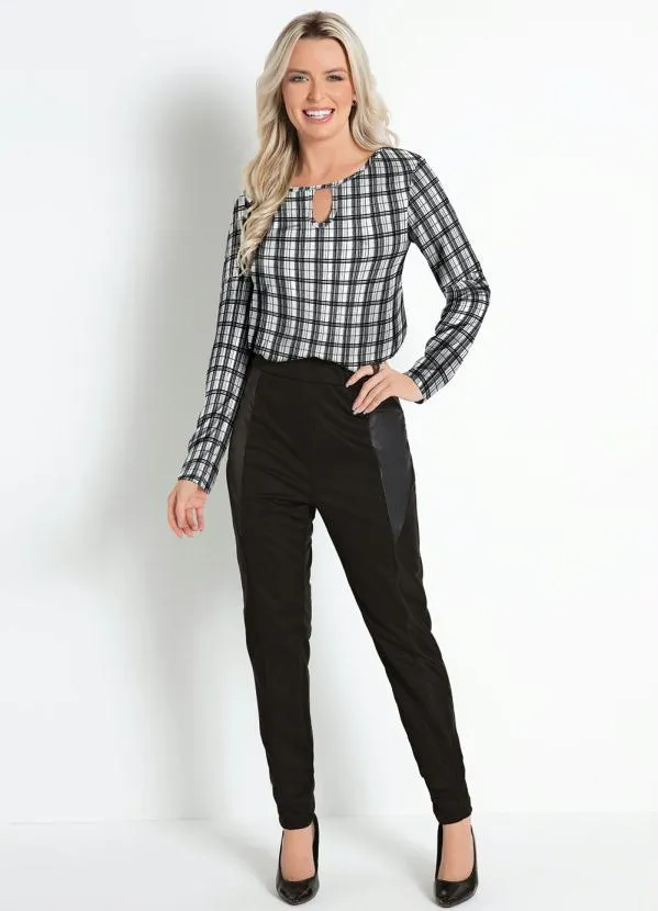 Moda Pop - Blusa Xadrez Preto com Gota no Decote Frente 4