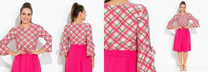 Blusa Xadrez Rosa Manga Sino