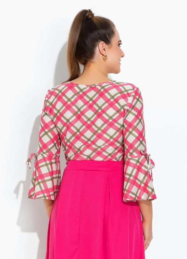 Rosalie - Blusa Xadrez Rosa Manga Sino 2
