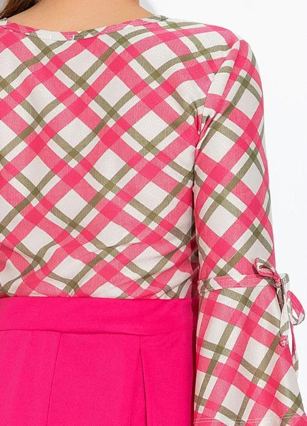 Rosalie - Blusa Xadrez Rosa Manga Sino 3