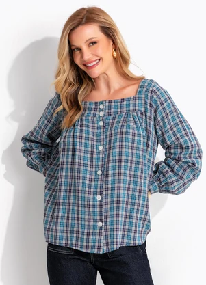 Quintess - Blusa Xadrez Verde em Gaze de Algodão - QUINTESS