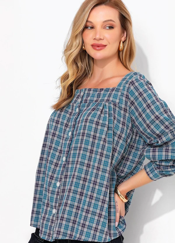 Quintess - Blusa Xadrez Verde em Gaze de Algodão