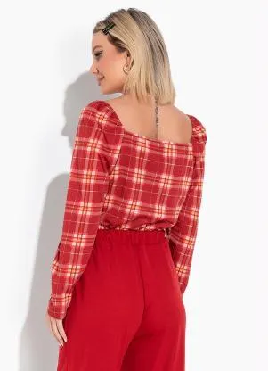 Moda Pop - Blusa Xadrez Vermelho com Decote Quadrado - MODA POP