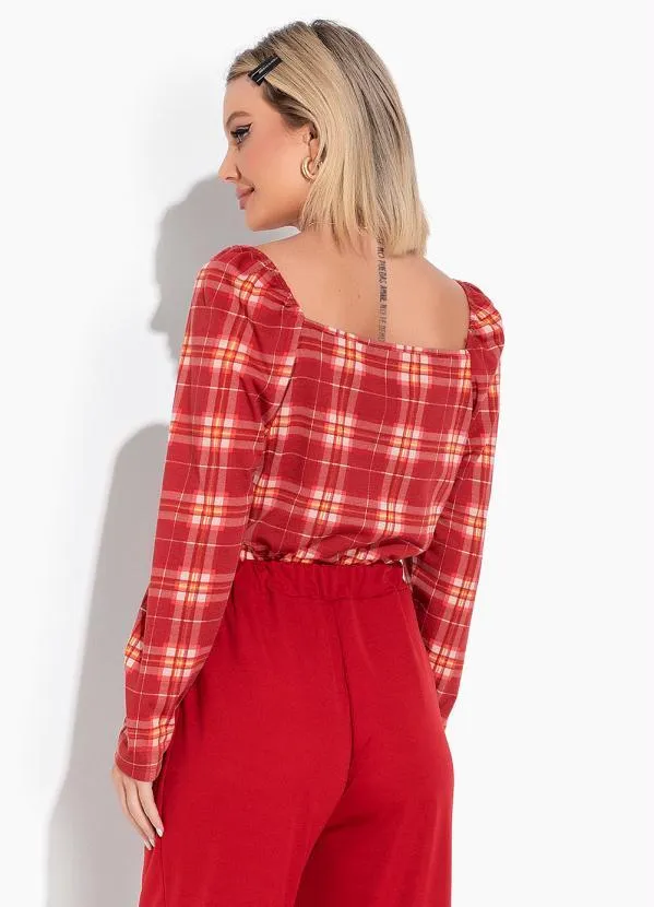 Moda Pop - Blusa Xadrez Vermelho com Decote Quadrado 2