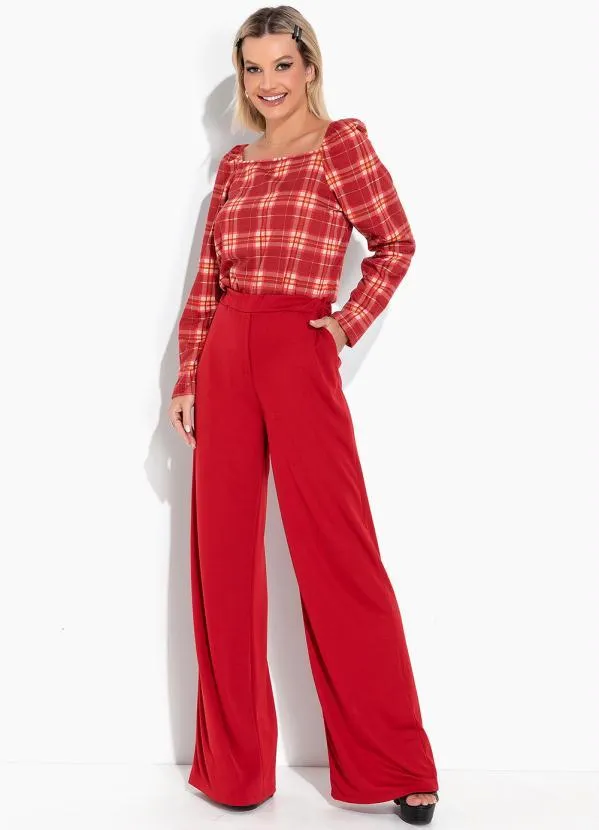 Moda Pop - Blusa Xadrez Vermelho com Decote Quadrado 3