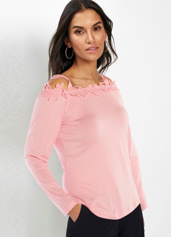 bonprix - Blusas Ombros Vazados com Renda Rosa Claro