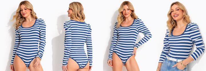 Body Listrado Azul em Malha Canelada