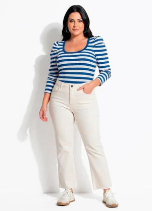 Quintess - Body Listrado Azul em Malha Canelada - QUINTESS