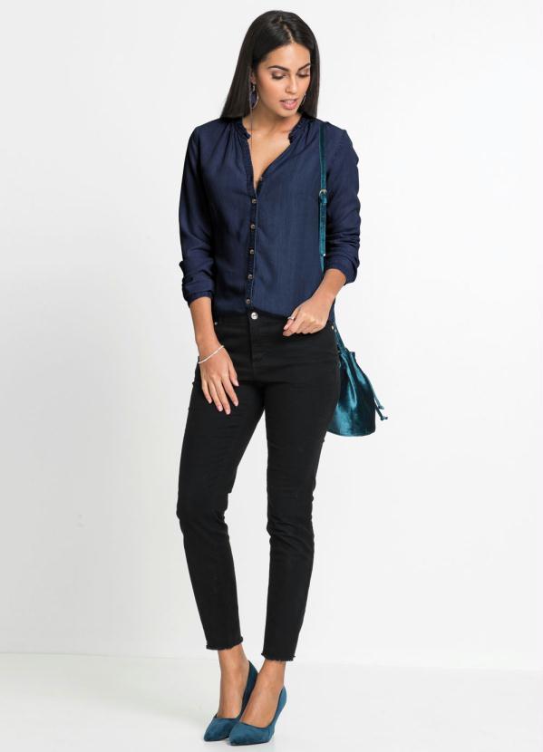 bonprix - Camisa com Babado na Gola Azul Escuro 5