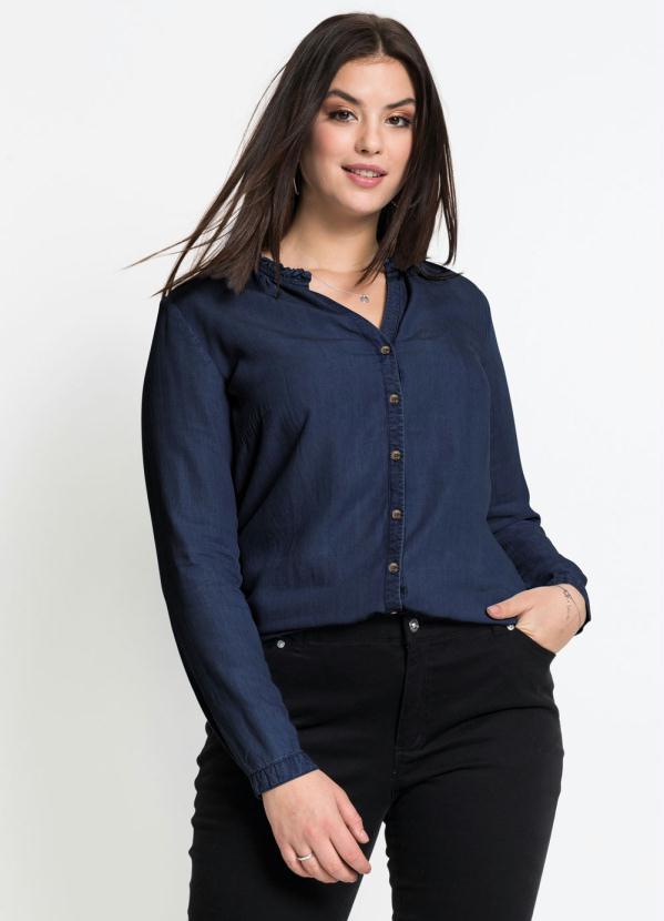 bonprix - Camisa com Babado na Gola Azul Escuro 3