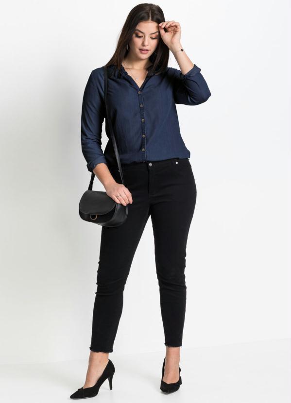 bonprix - Camisa com Babado na Gola Azul Escuro 1