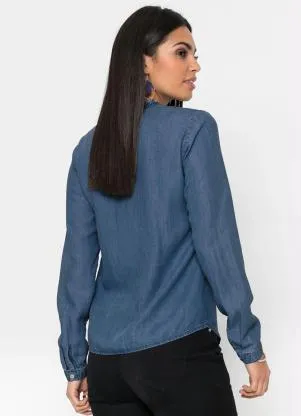 bonprix - Camisa com Babado na Gola Azul - BONPRIX