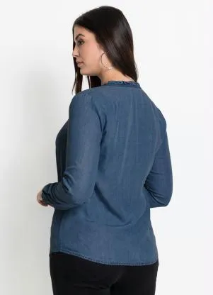 bonprix - Camisa com Babado na Gola Azul - BONPRIX