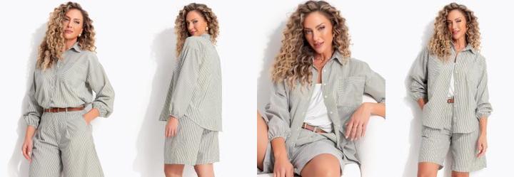 Camisa Listrado Oliva em Poli�ster com Algod�o,