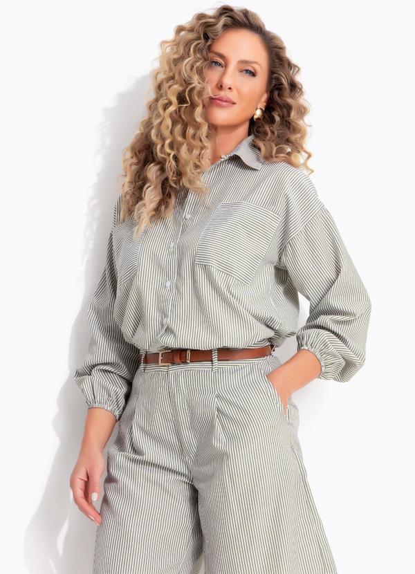 Camisa Listrado Oliva em Poli�ster com Algod�o,