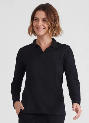Basicamente - Camisa Polo Manga Longa Feminina Preta - BASICAMENTE