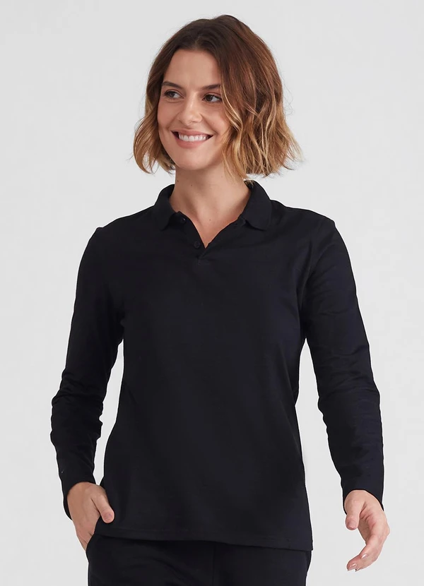 Basicamente - Camisa Polo Manga Longa Feminina Preta