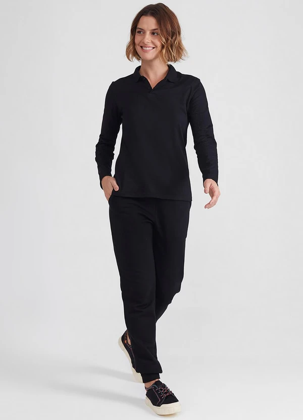 Basicamente - Camisa Polo Manga Longa Feminina Preta 2