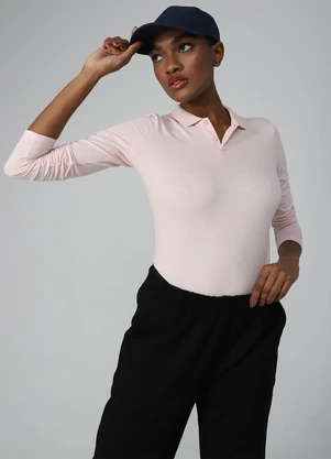 Basicamente - Camisa Polo Manga Longa Feminina Rosa Pastel - BASICAMENTE