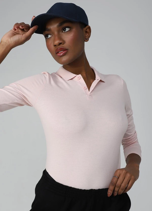 Basicamente - Camisa Polo Manga Longa Feminina Rosa Pastel