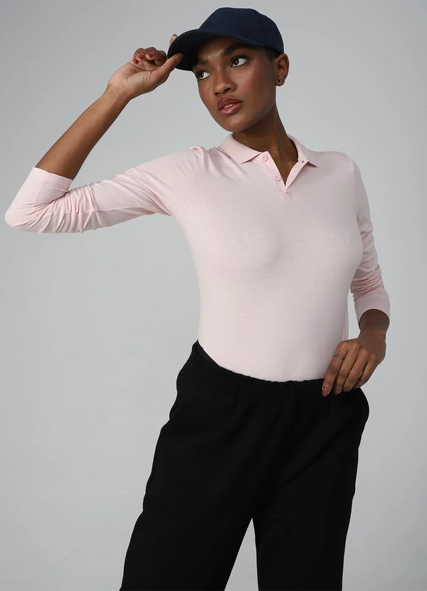 Basicamente - Camisa Polo Manga Longa Feminina Rosa Pastel 2