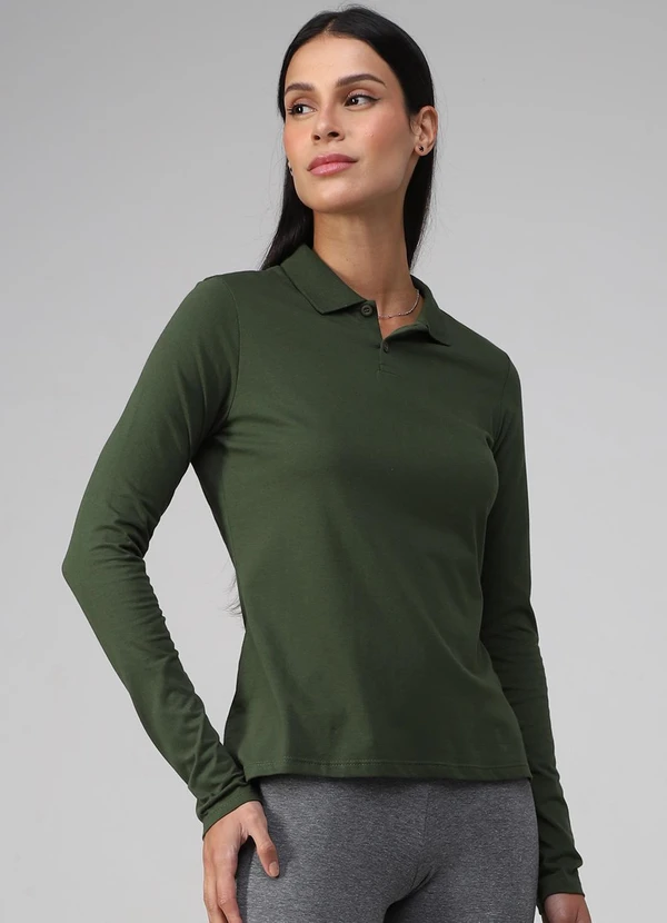 Basicamente - Camisa Polo Manga Longa Feminina Verde Selva