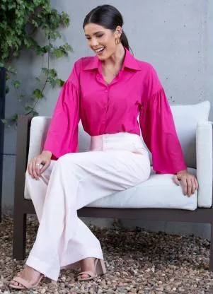 Quintess - Camisa Rosa de Botão com Detalhe nos Ombros - QUINTESS