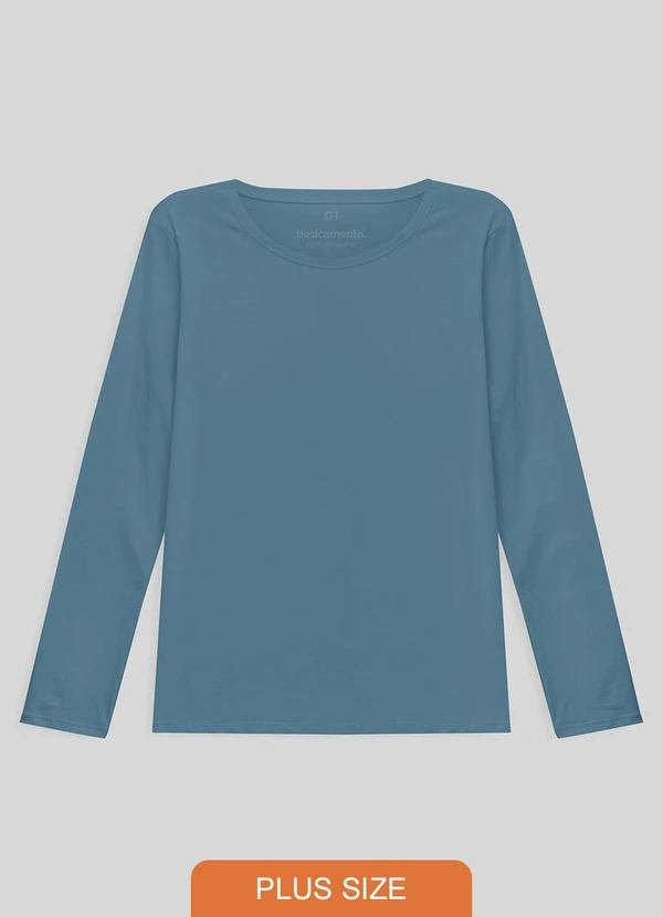 Basicamente - Camiseta Babylook Manga Longa Gola C Plus Azul