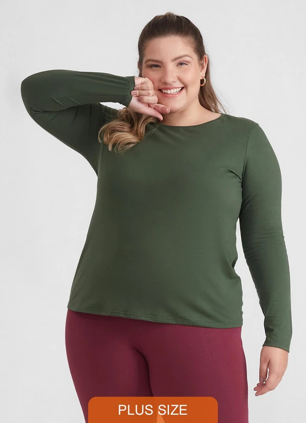 Basicamente - Camiseta Babylook Manga Longa Gola C Verde Selva