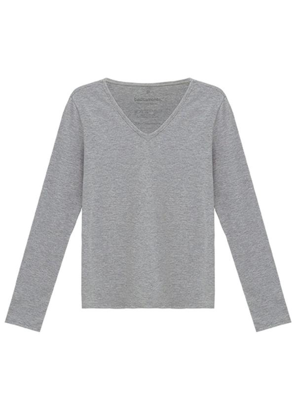 Basicamente - Camiseta Babylook Manga Longa Gola V Cinza