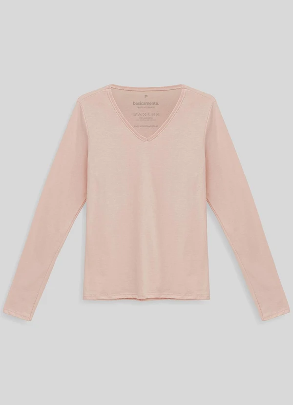 Basicamente - Camiseta Babylook Manga Longa Gola V Rosa Pastel