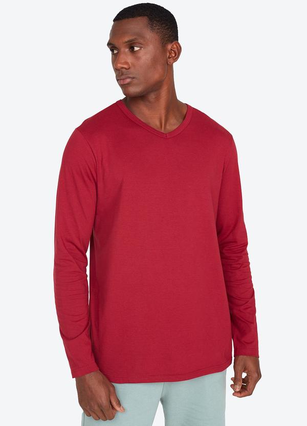 Basicamente - Camiseta Básica Gola V Manga Longa Marsala