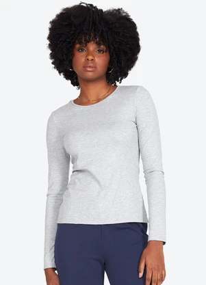 Basicamente - Camiseta Canelada Manga Longa Mescla Claro - BASICAMENTE