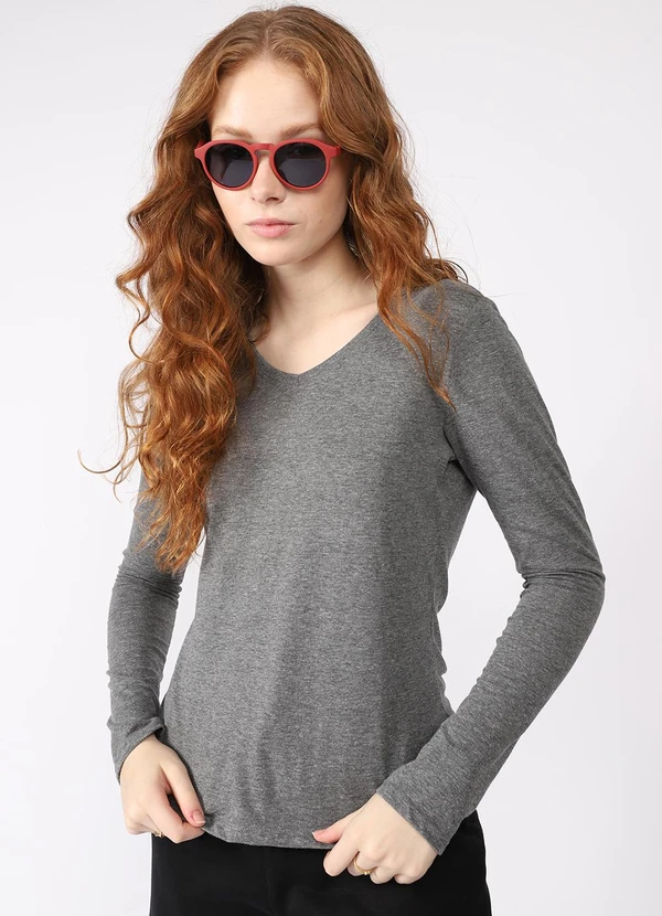 Basicamente - Camiseta Manga Longa Viscose Mescla Escuro