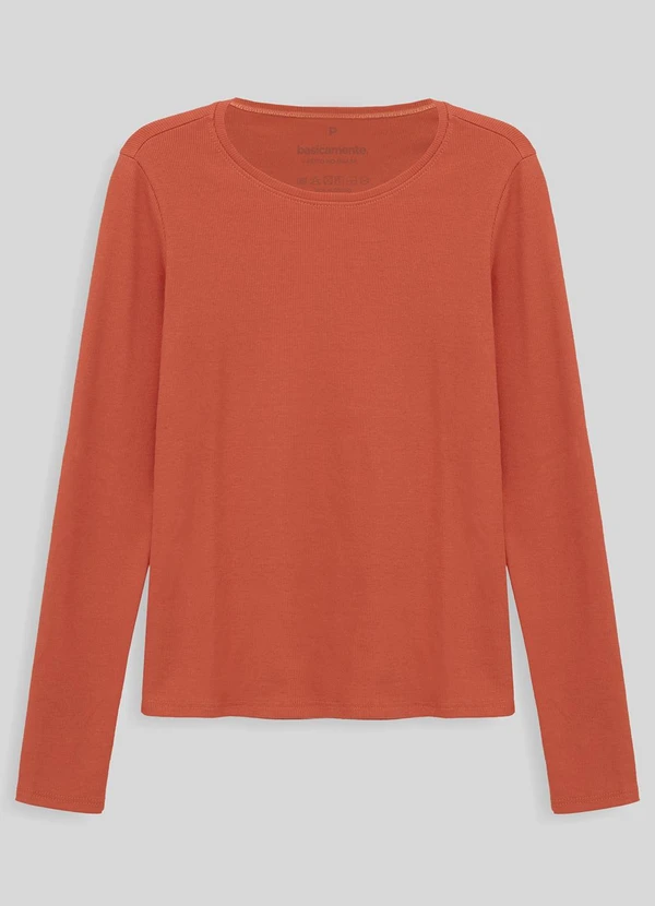 Basicamente - Camiseta Ribana Manga Longa Laranja Coral