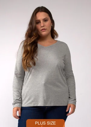 Basicamente - Camiseta Slim Gola V Manga Longa Plus Cinza - BASICAMENTE