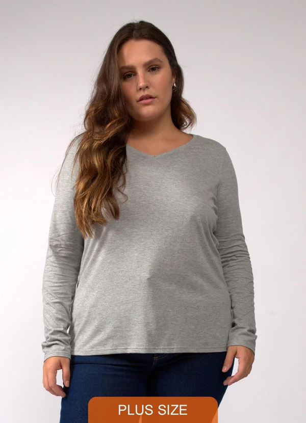 Basicamente - Camiseta Slim Gola V Manga Longa Plus Cinza