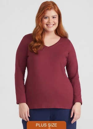 Basicamente - Camiseta Slim Gola V Manga Longa Plus Feminina - BASICAMENTE