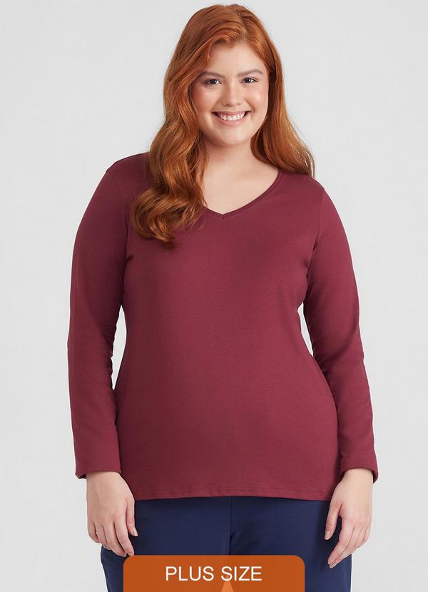 Basicamente - Camiseta Slim Gola V Manga Longa Plus Feminina