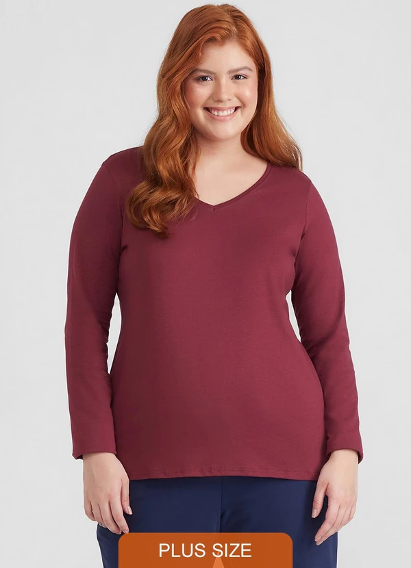 Basicamente - Camiseta Slim Gola V Manga Longa Plus Feminina
