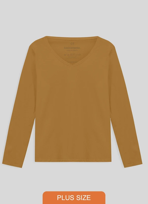 Basicamente - Camiseta Slim Gola V Manga Longa Plus Feminina
