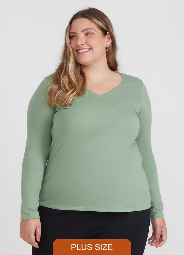 Basicamente - Camiseta Slim Gola V Manga Longa Plus Feminina