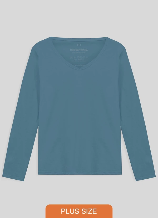 Basicamente - Camiseta Slim Gola V Manga Longa Plus Feminina