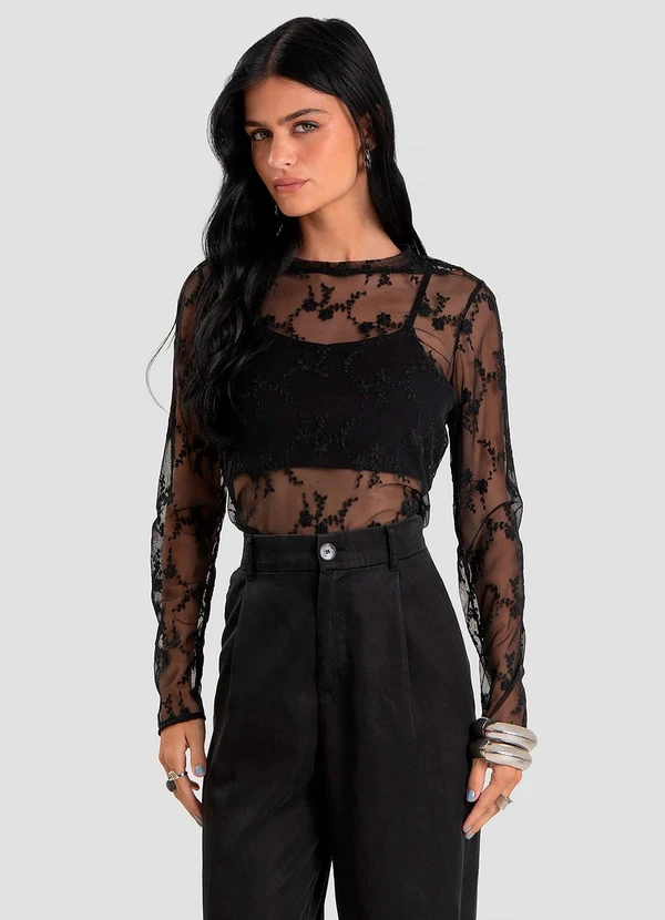 Dianna - Conjunto Feminino Blusa de Tule com Top Preto