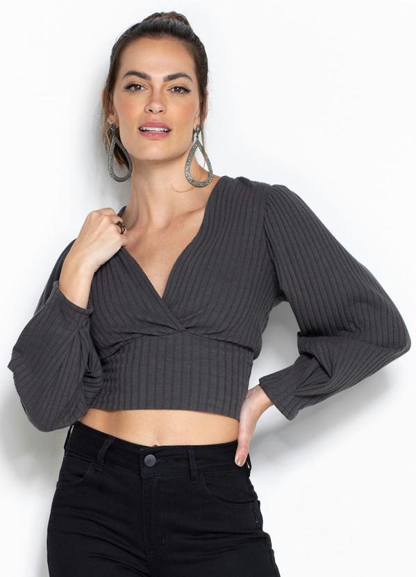 Forum - Cropped Canelado Mangas Amplas Cinza