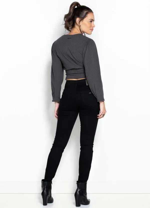 Forum - Cropped Canelado Mangas Amplas Cinza 4