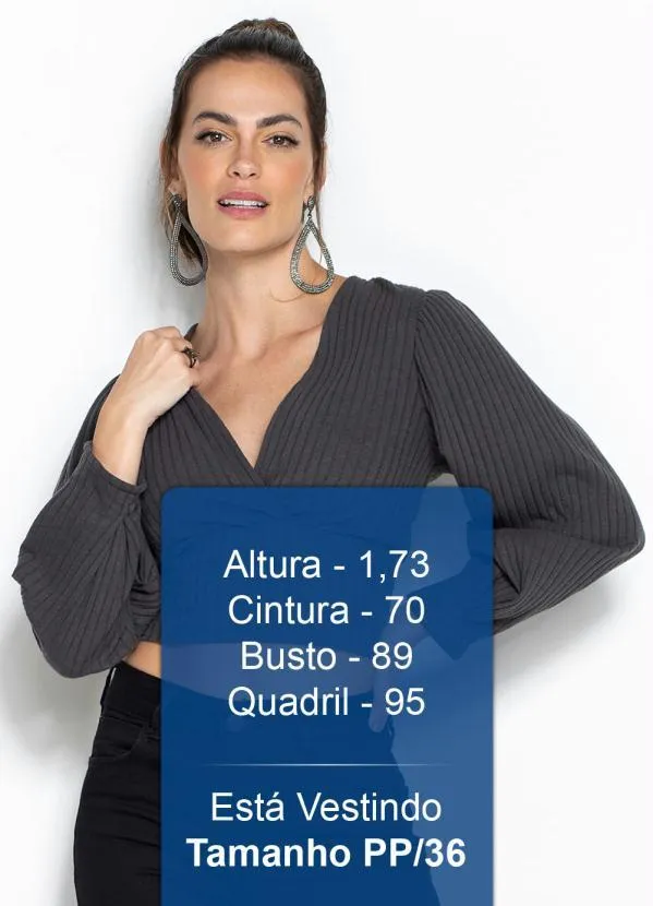 Forum - Cropped Canelado Mangas Amplas Cinza 5